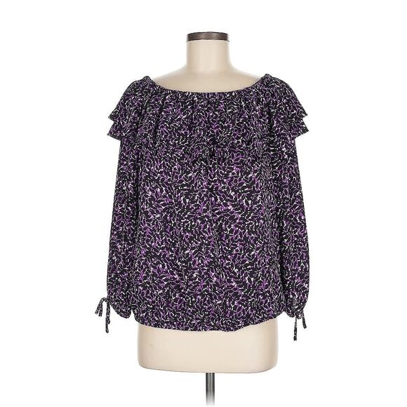 Michael Kors Purple Black White Floral Leaf Long Sleeve Off-The-Shoulder Blouse - Picture 1 of 10